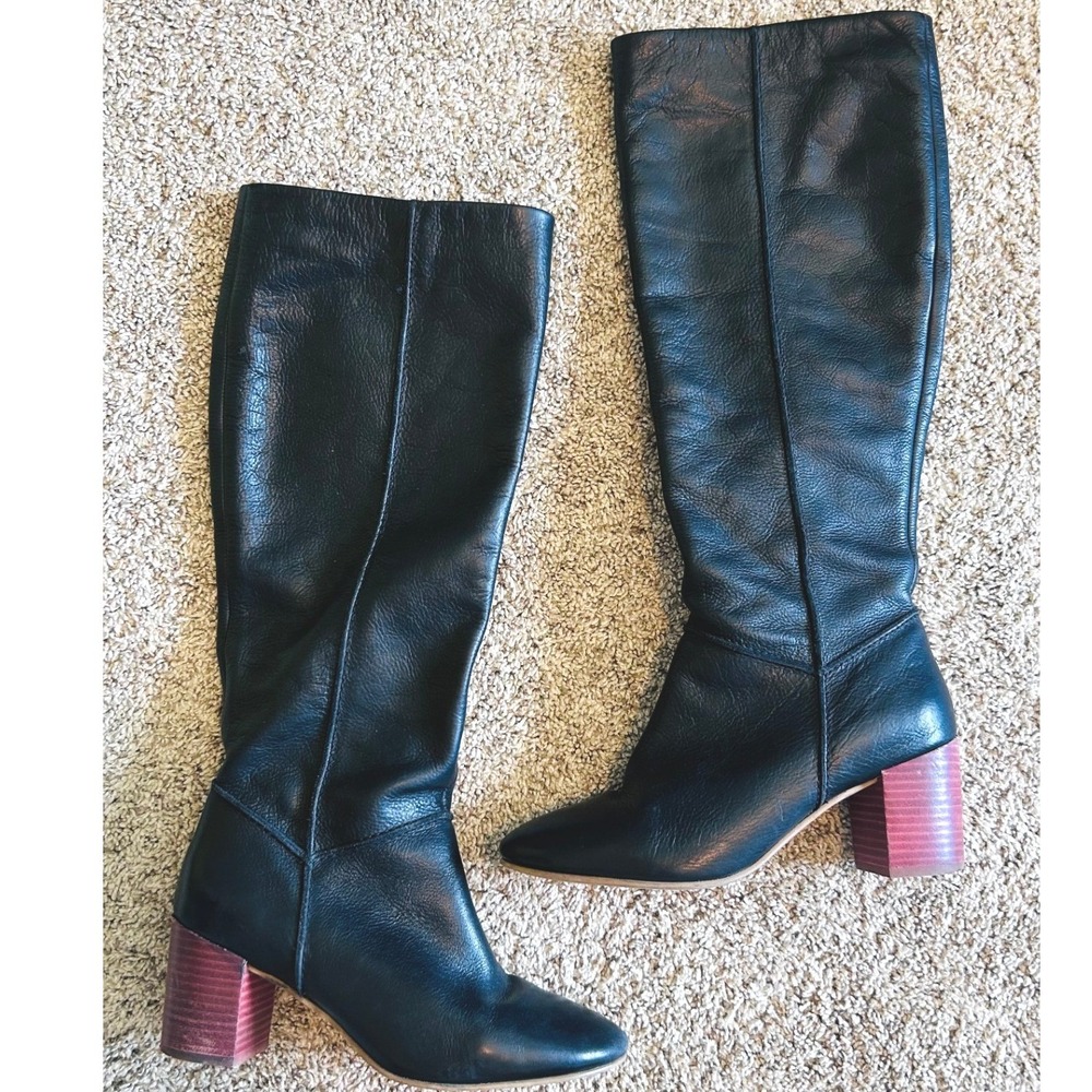 Seychelles Boho Black Leather Tall Knee High Boots Wood Block Heel SZ 7.5